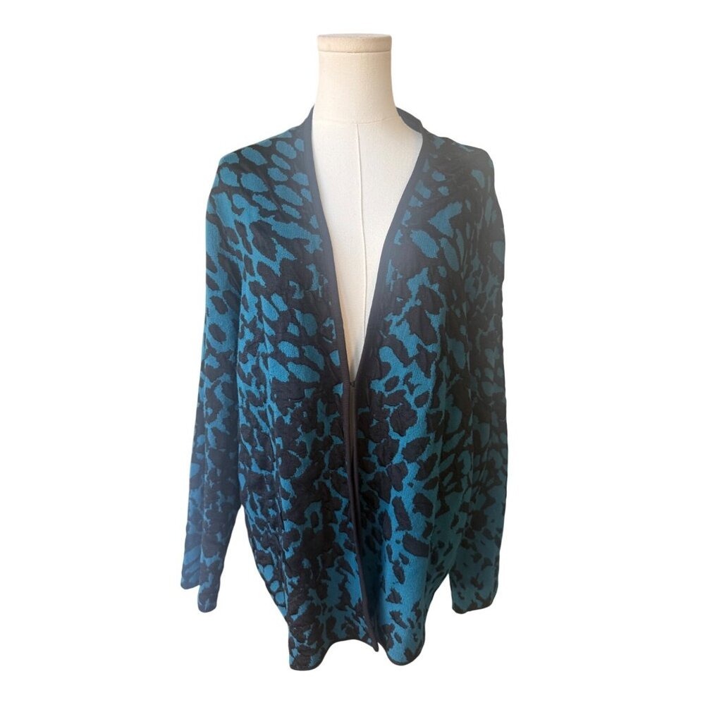 Chicos Long Blue Animal Leopard Print Cardigan Sweater Size L Cotton Cheetah
